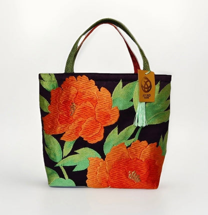 Vintage Fukuro Obi Mini Tote Bag — Orange Peony on Deep Navy Silk