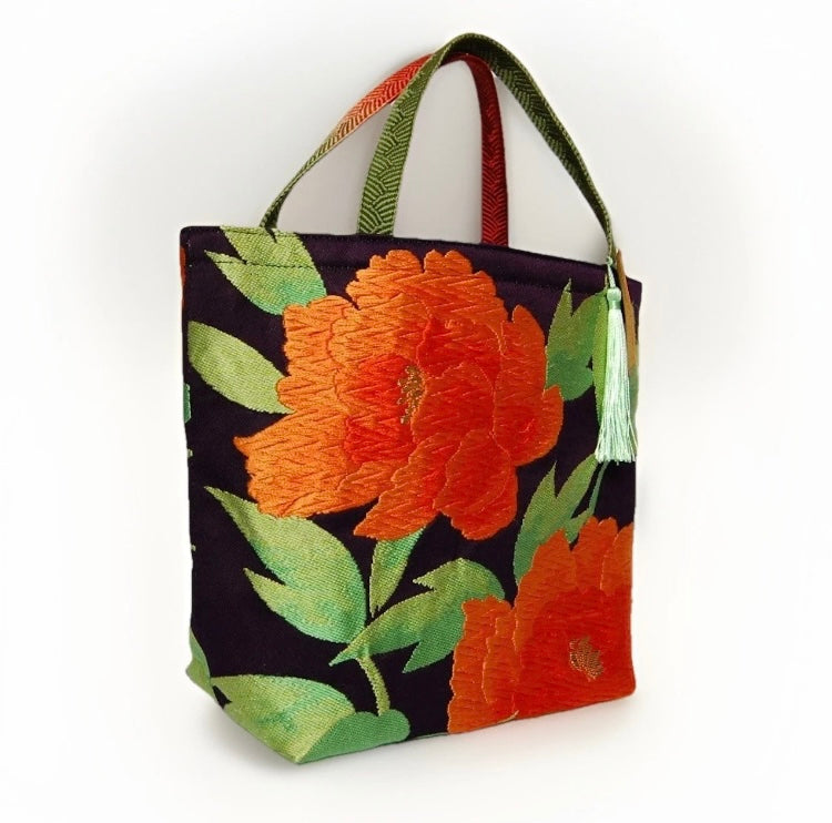 Vintage Fukuro Obi Mini Tote Bag — Orange Peony on Deep Navy Silk