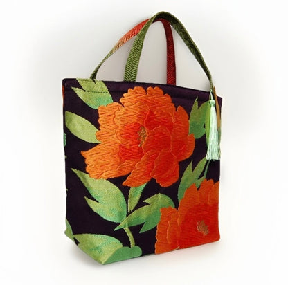 Vintage Fukuro Obi Mini Tote Bag — Orange Peony on Deep Navy Silk