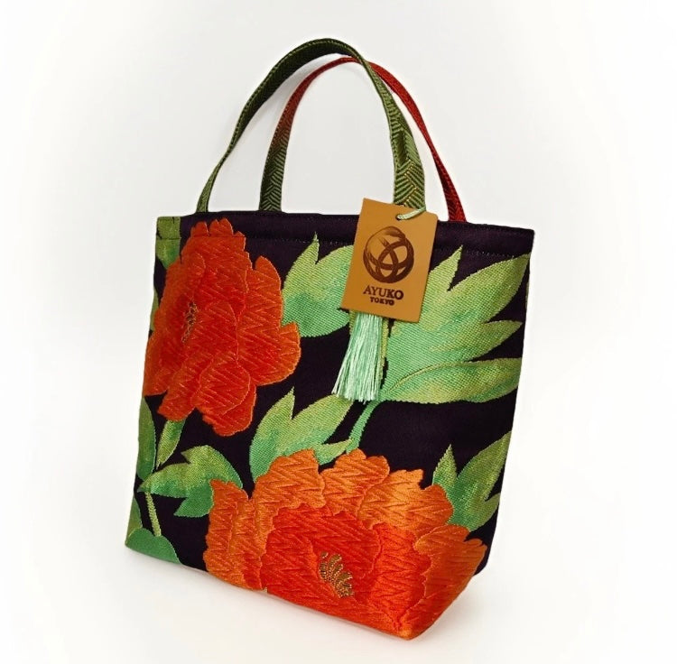 Vintage Fukuro Obi Mini Tote Bag — Orange Peony on Deep Navy Silk