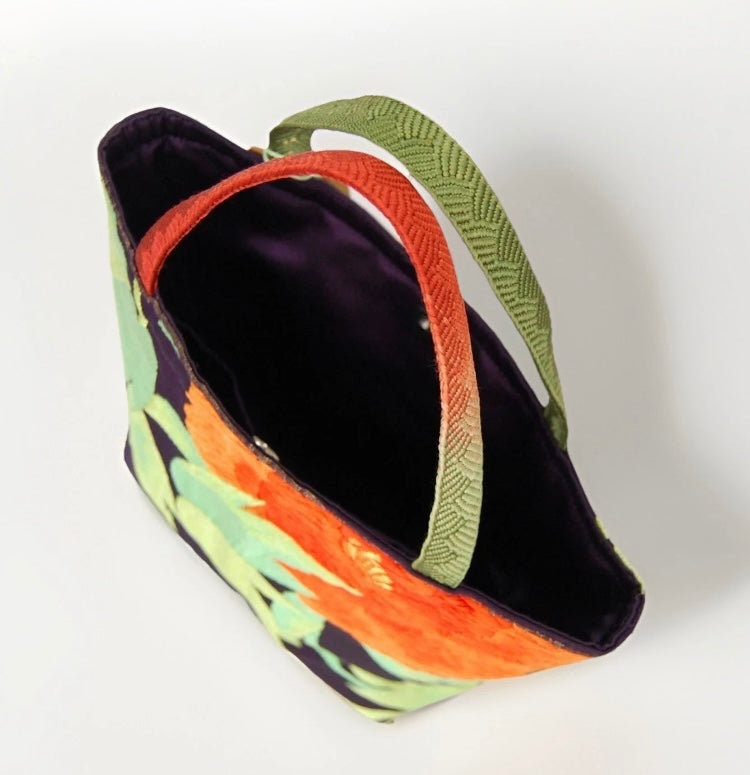 Vintage Fukuro Obi Mini Tote Bag — Orange Peony on Deep Navy Silk