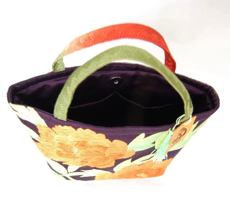 Vintage Fukuro Obi Mini Tote Bag — Orange Peony on Deep Navy Silk