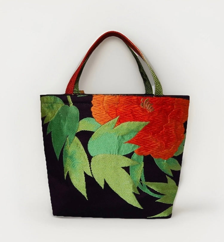Vintage Fukuro Obi Mini Tote Bag — Orange Peony on Deep Navy Silk