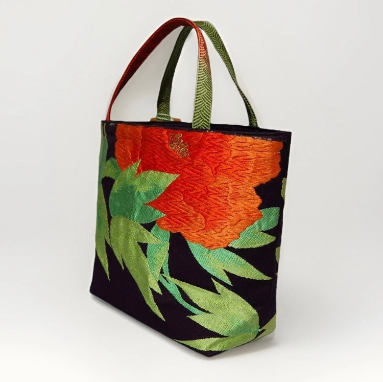 Vintage Fukuro Obi Mini Tote Bag — Orange Peony on Deep Navy Silk