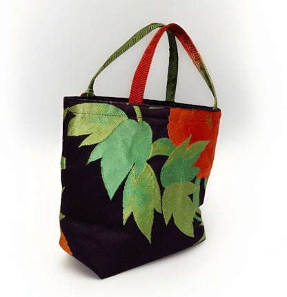 Vintage Fukuro Obi Mini Tote Bag — Orange Peony on Deep Navy Silk