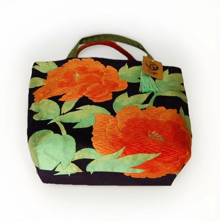 Vintage Fukuro Obi Mini Tote Bag — Orange Peony on Deep Navy Silk