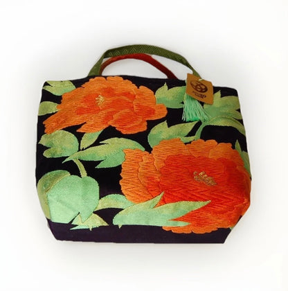 Vintage Fukuro Obi Mini Tote Bag — Orange Peony on Deep Navy Silk