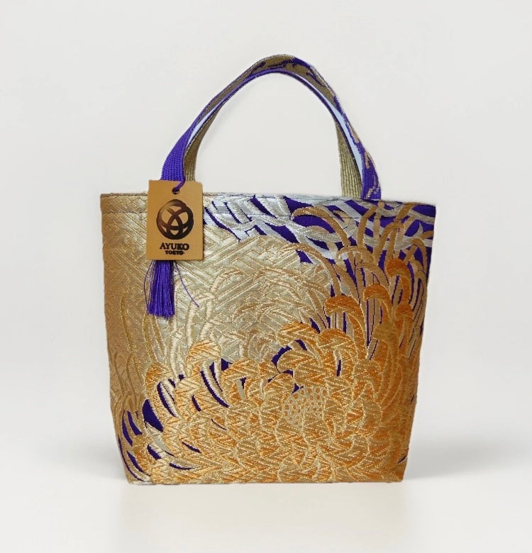 Kumodori & Rangiku 乱菊 Vintage Obi Silk Tote in Purple Gold