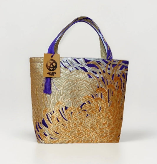 Kumodori & Rangiku 乱菊 Vintage Obi Silk Tote in Purple Gold