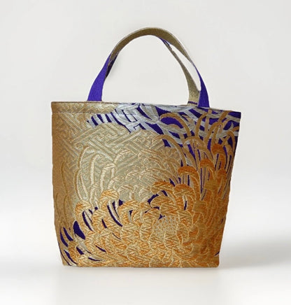 Kumodori & Rangiku 乱菊 Vintage Obi Silk Tote in Purple Gold