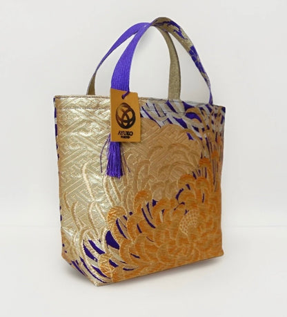 Kumodori & Rangiku 乱菊 Vintage Obi Silk Tote in Purple Gold