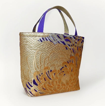 Kumodori & Rangiku 乱菊 Vintage Obi Silk Tote in Purple Gold