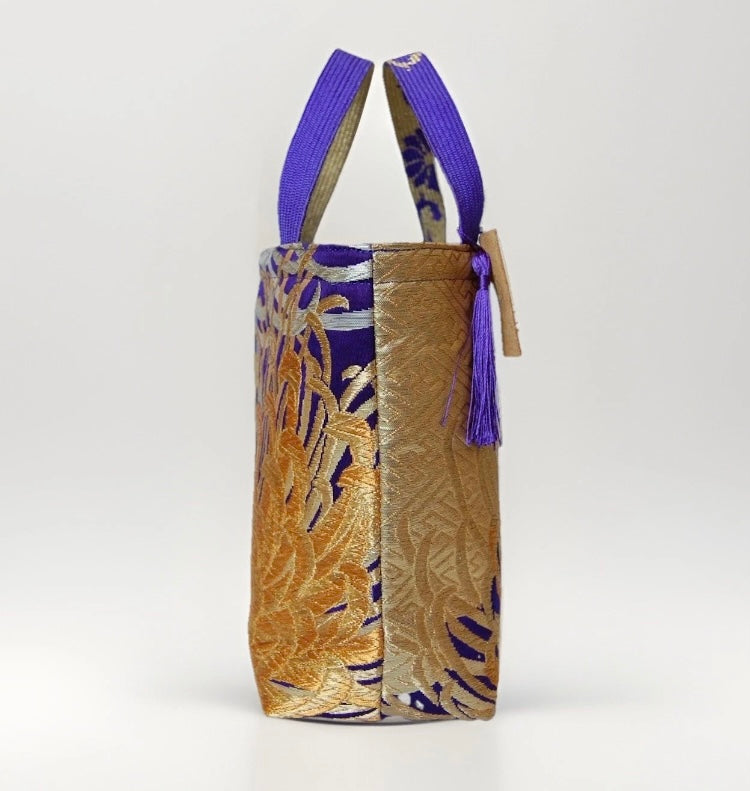 Kumodori & Rangiku 乱菊 Vintage Obi Silk Tote in Purple Gold