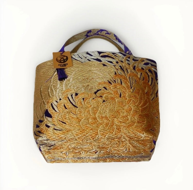 Kumodori & Rangiku 乱菊 Vintage Obi Silk Tote in Purple Gold
