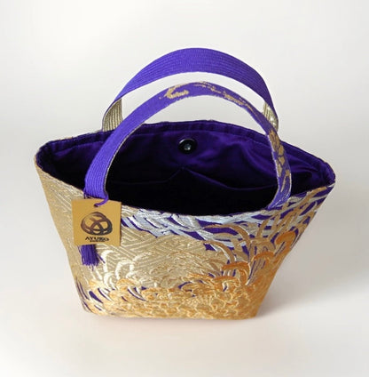 Kumodori & Rangiku 乱菊 Vintage Obi Silk Tote in Purple Gold