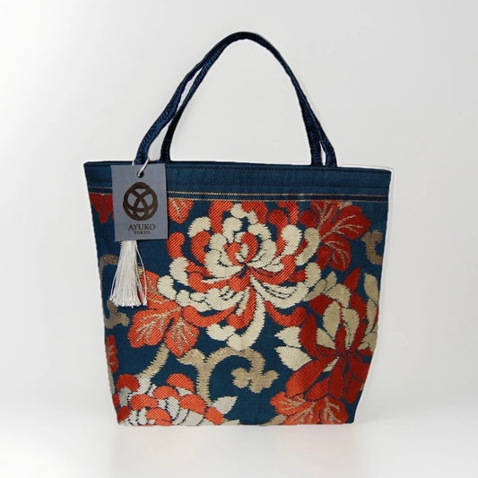 Rangiku 乱菊 Chrysanthemum Vintage Obi Silk Tote in Teal Red Gold