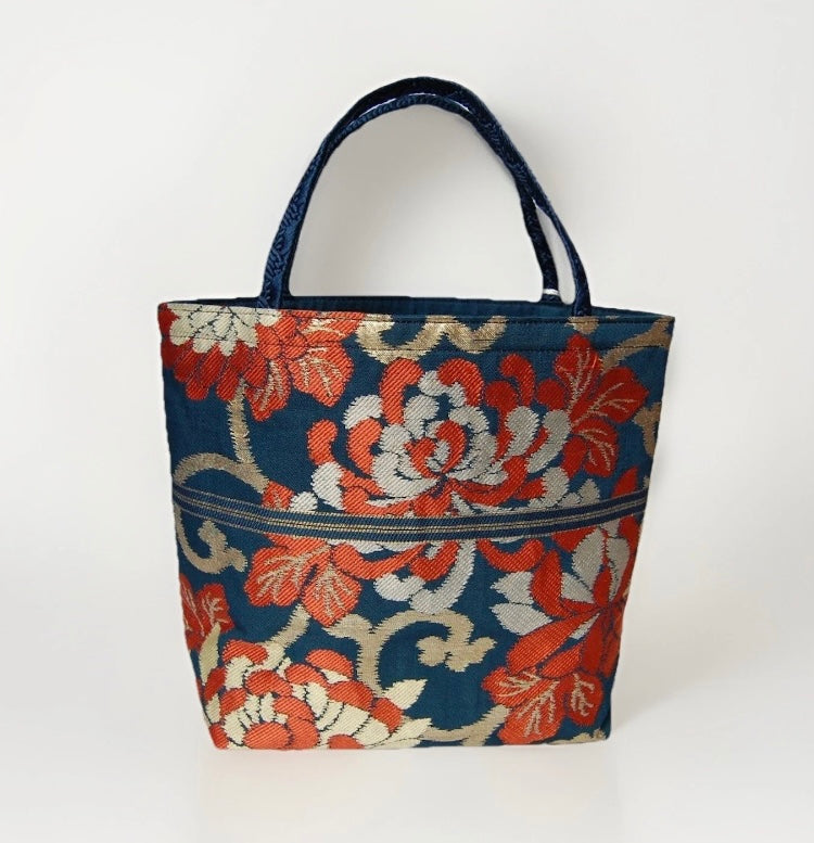 Rangiku 乱菊 Chrysanthemum Vintage Obi Silk Tote in Teal Red Gold