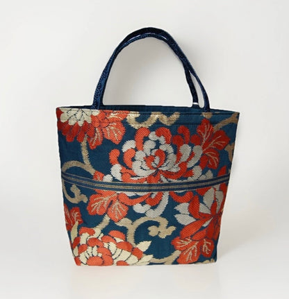 Rangiku 乱菊 Chrysanthemum Vintage Obi Silk Tote in Teal Red Gold