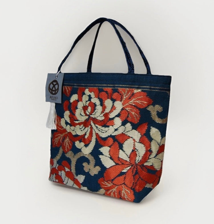 Rangiku 乱菊 Chrysanthemum Vintage Obi Silk Tote in Teal Red Gold