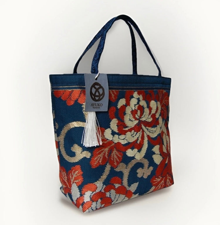 Rangiku 乱菊 Chrysanthemum Vintage Obi Silk Tote in Teal Red Gold