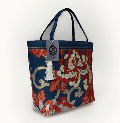 Rangiku 乱菊 Chrysanthemum Vintage Obi Silk Tote in Teal Red Gold