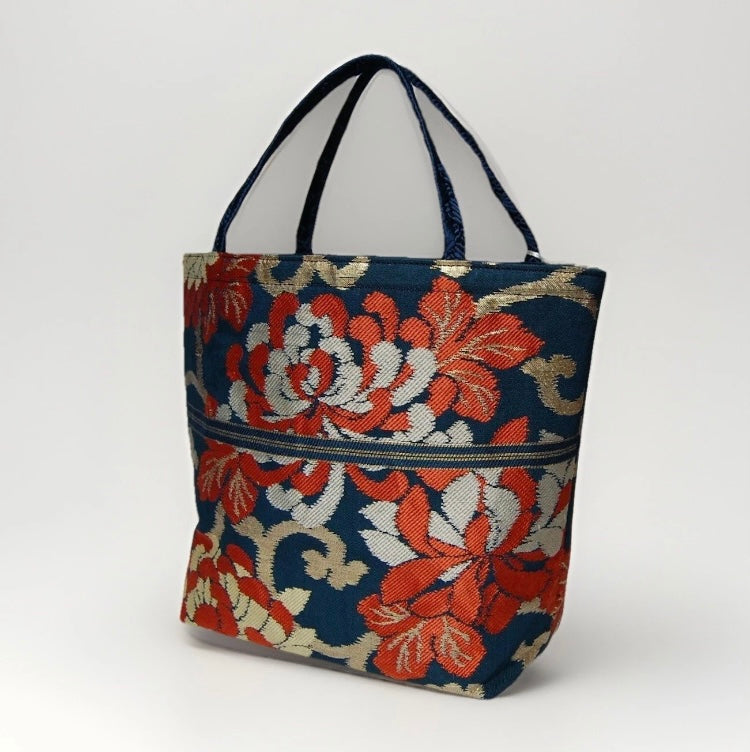 Rangiku 乱菊 Chrysanthemum Vintage Obi Silk Tote in Teal Red Gold