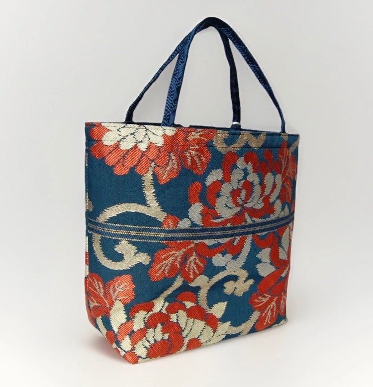 Rangiku 乱菊 Chrysanthemum Vintage Obi Silk Tote in Teal Red Gold