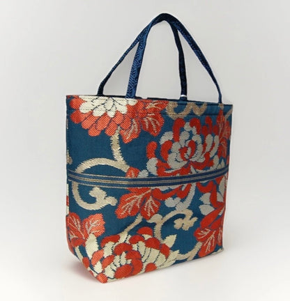 Rangiku 乱菊 Chrysanthemum Vintage Obi Silk Tote in Teal Red Gold