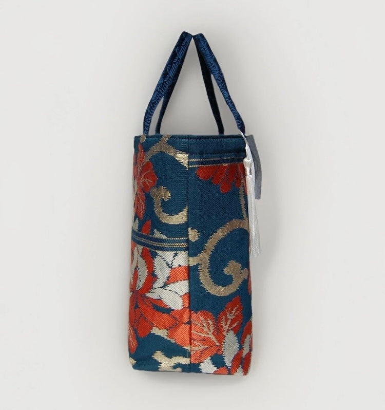 Rangiku 乱菊 Chrysanthemum Vintage Obi Silk Tote in Teal Red Gold