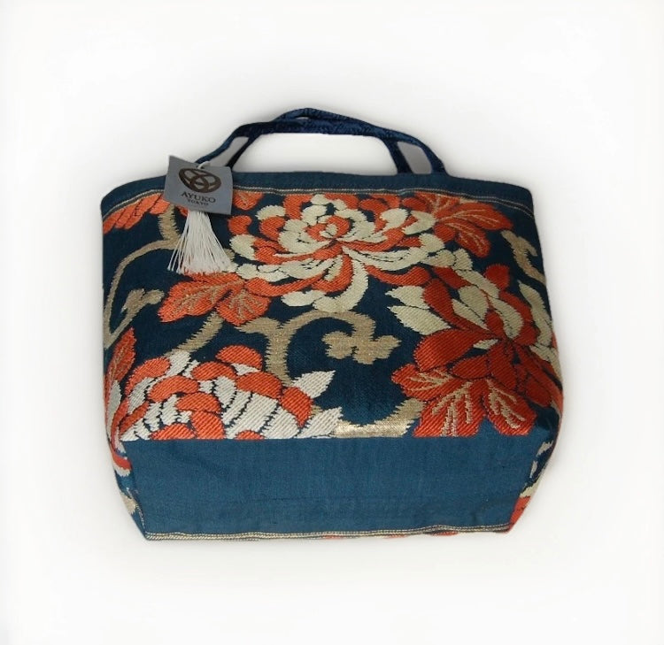 Rangiku 乱菊 Chrysanthemum Vintage Obi Silk Tote in Teal Red Gold