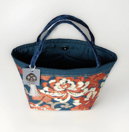 Rangiku 乱菊 Chrysanthemum Vintage Obi Silk Tote in Teal Red Gold