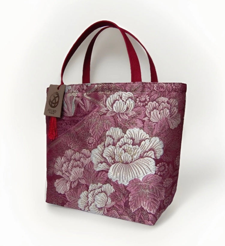 Vintage Fukuro Obi Mini Tote Bag – Burgundy Peony Silk Tote