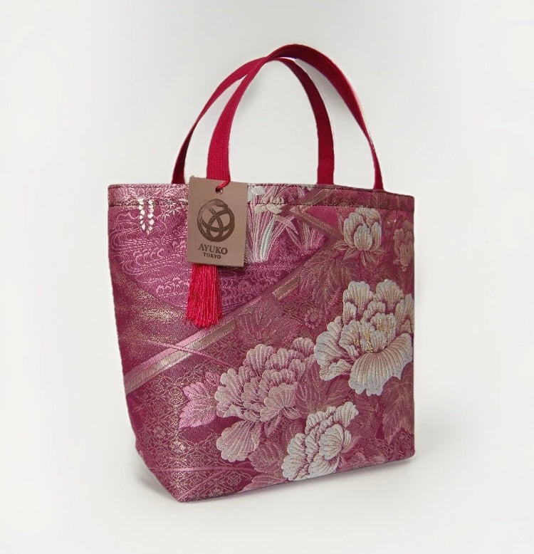 Vintage Fukuro Obi Mini Tote Bag – Burgundy Peony Silk Tote