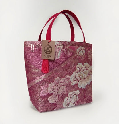 Vintage Fukuro Obi Mini Tote Bag – Burgundy Peony Silk Tote