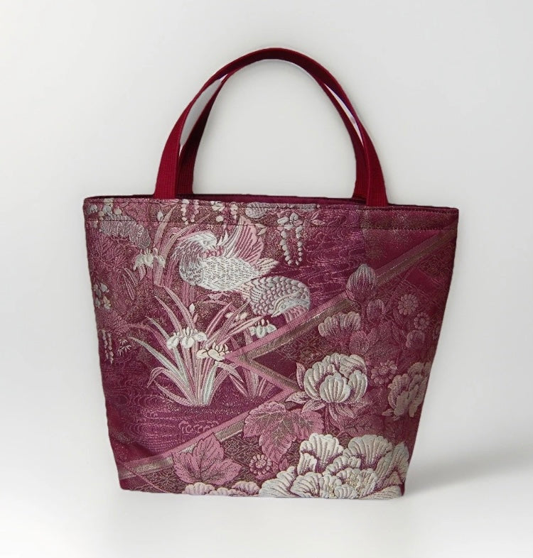 Vintage Fukuro Obi Mini Tote Bag – Burgundy Peony Silk Tote