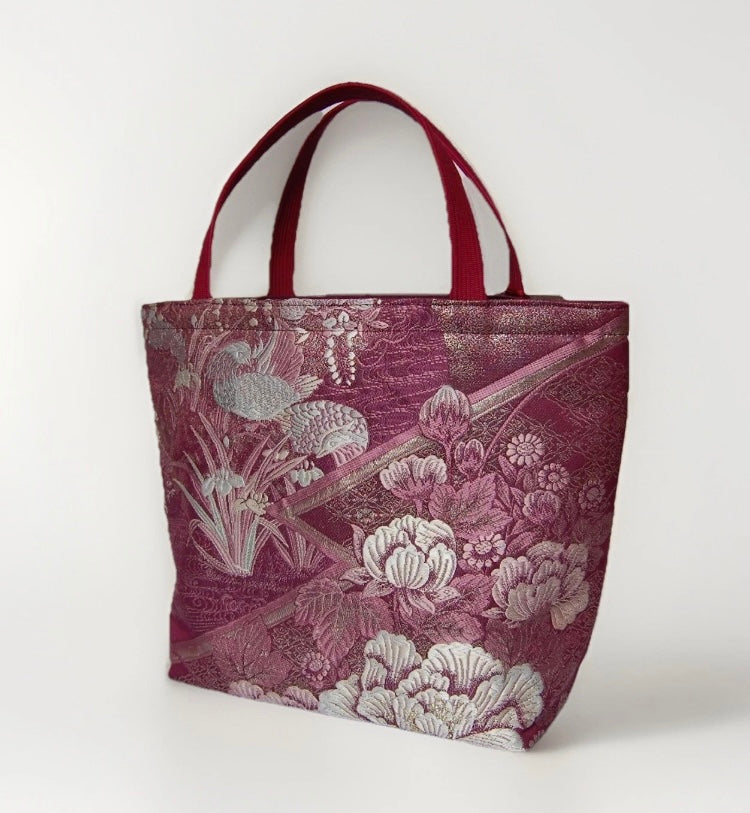 Vintage Fukuro Obi Mini Tote Bag – Burgundy Peony Silk Tote