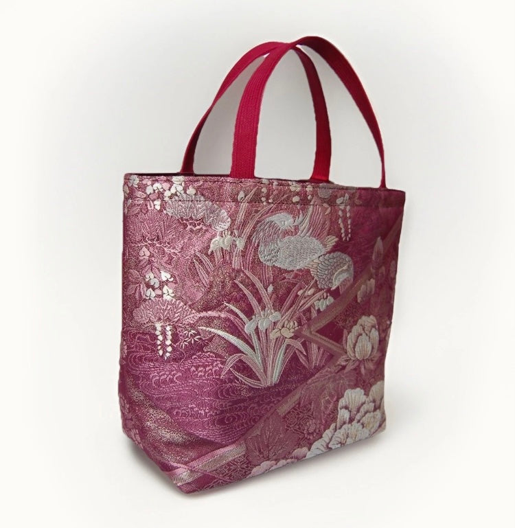 Vintage Fukuro Obi Mini Tote Bag – Burgundy Peony Silk Tote