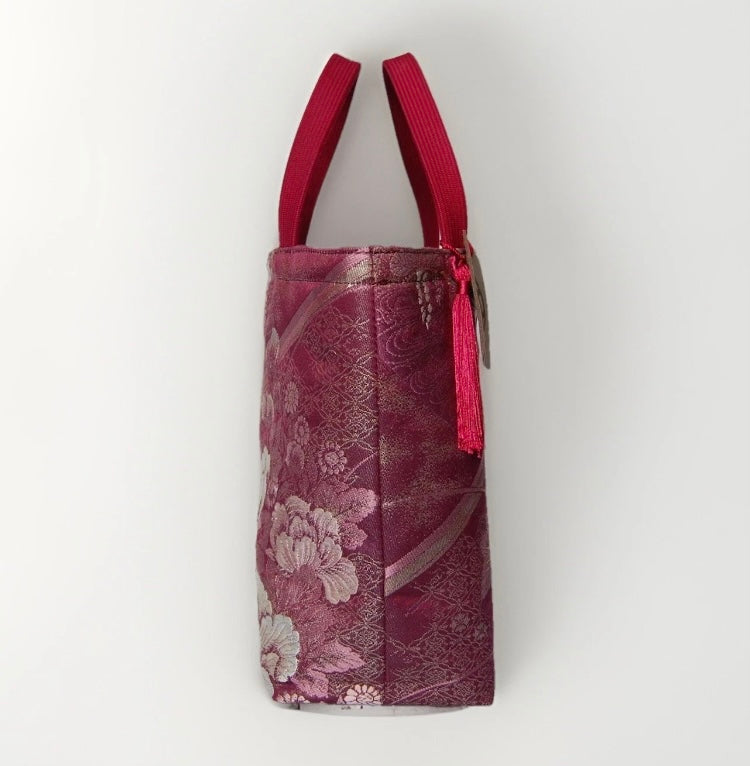 Vintage Fukuro Obi Mini Tote Bag – Burgundy Peony Silk Tote