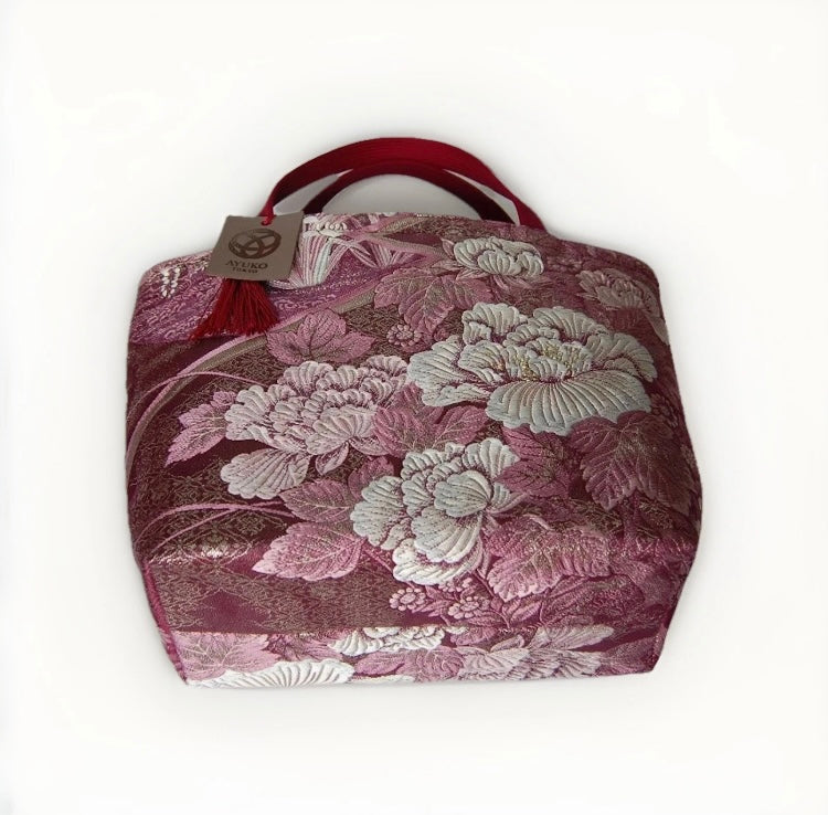 Vintage Fukuro Obi Mini Tote Bag – Burgundy Peony Silk Tote