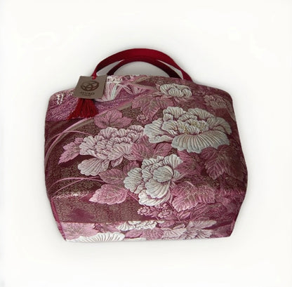 Vintage Fukuro Obi Mini Tote Bag – Burgundy Peony Silk Tote