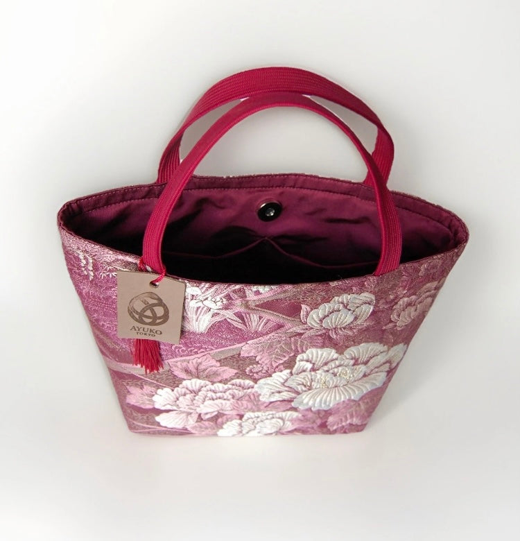 Vintage Fukuro Obi Mini Tote Bag – Burgundy Peony Silk Tote