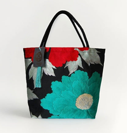 Vintage Fukuro Obi Mini Tote Bag — Mint & Silver Peony on Black Silk