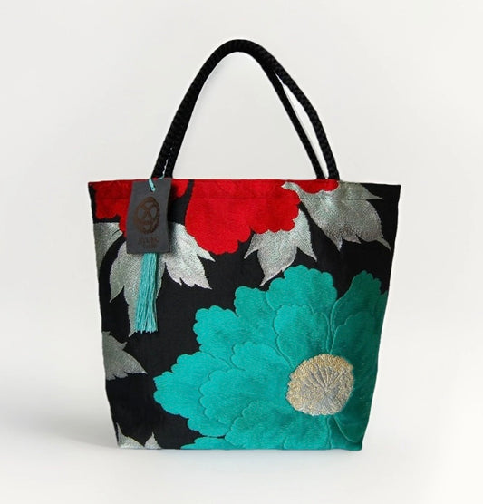 Vintage Fukuro Obi Mini Tote Bag — Mint & Silver Peony on Black Silk