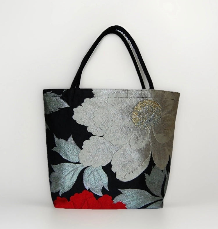 Vintage Fukuro Obi Mini Tote Bag — Mint & Silver Peony on Black Silk