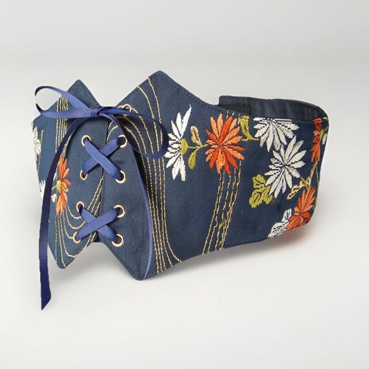 Vintage Fukuro Obi Corset Belt — Navy Chrysanthemum 流水菊文 Silk