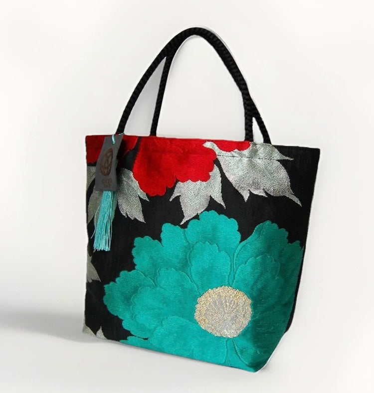 Vintage Fukuro Obi Mini Tote Bag — Mint & Silver Peony on Black Silk