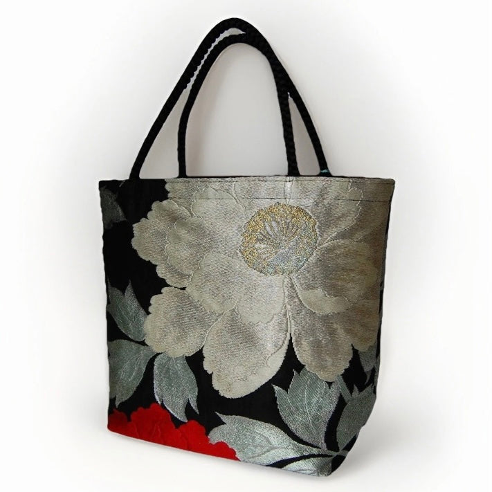 Vintage Fukuro Obi Mini Tote Bag — Mint & Silver Peony on Black Silk