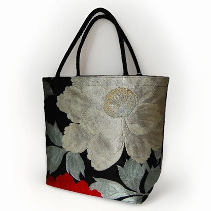 Vintage Fukuro Obi Mini Tote Bag — Mint & Silver Peony on Black Silk