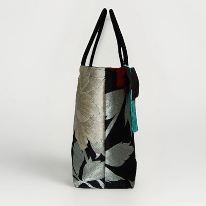 Vintage Fukuro Obi Mini Tote Bag — Mint & Silver Peony on Black Silk