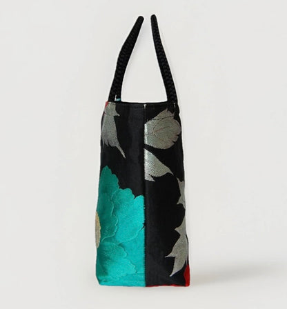 Vintage Fukuro Obi Mini Tote Bag — Mint & Silver Peony on Black Silk